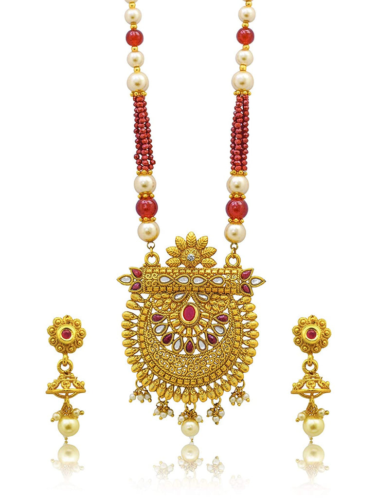 JEWELOPIA Traditional Ruby Kundan Gold Plated Pendant Jewellery Set for Women & Girls