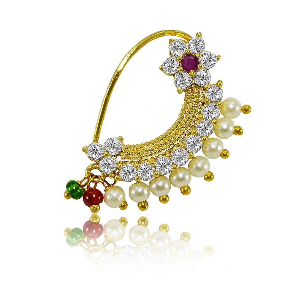 Gold Plated Maharashtrian Nath Nose Pin Red & Green Colour with Pearls –  Digital Dress Room