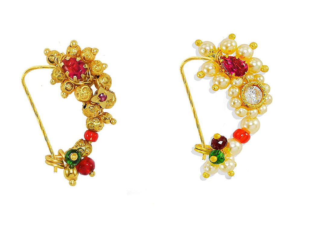 Traditional Piercing Nath Combo Gold plated Ruby studded Maharashtrian piercing Nose Ring For Women and girls