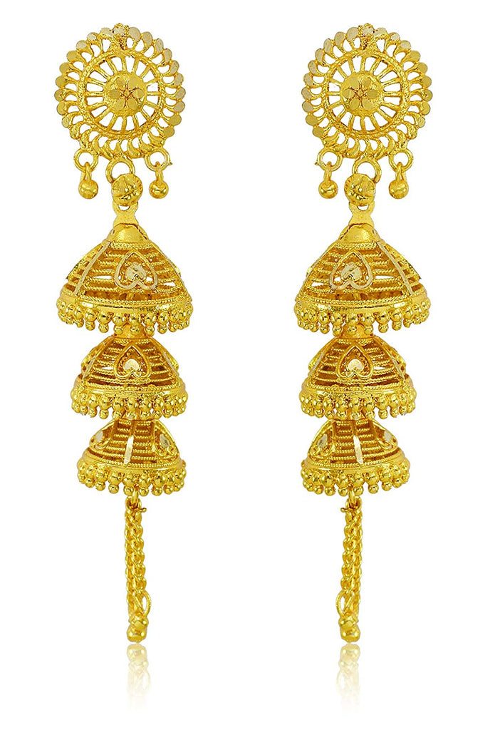 Jewelopia Antique Gold Triple Layer Jhumka Drop Earrings For Women & Girls