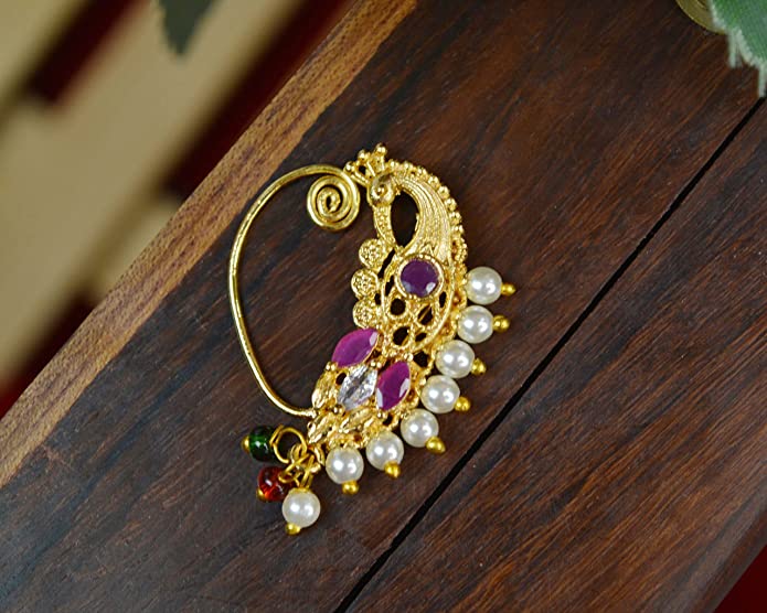 KUNDAN & PEARL FLOWER PATTERN POLKI MARATHI NOSE RING – Sanvi Jewels