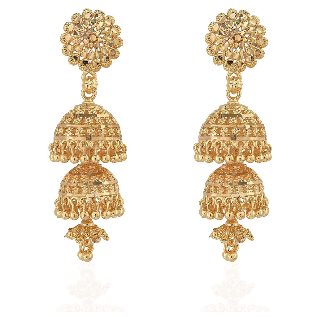 Gold Plated Oval And Triangle Design With Hanging Beads And Pearls Drop  Earring