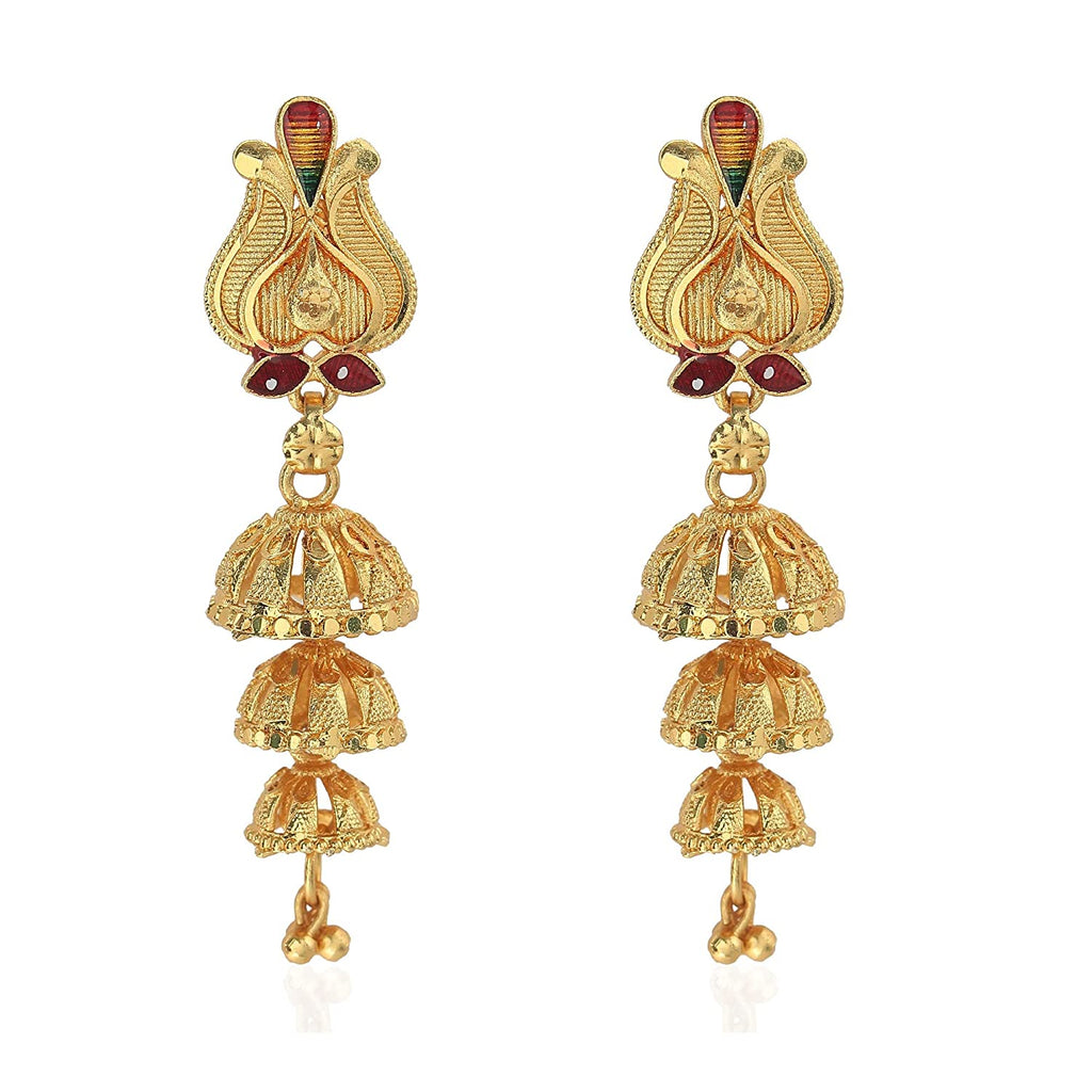 Jewelopia Antique Gold Triple Jhumka Drop Earrings For Women & Girls