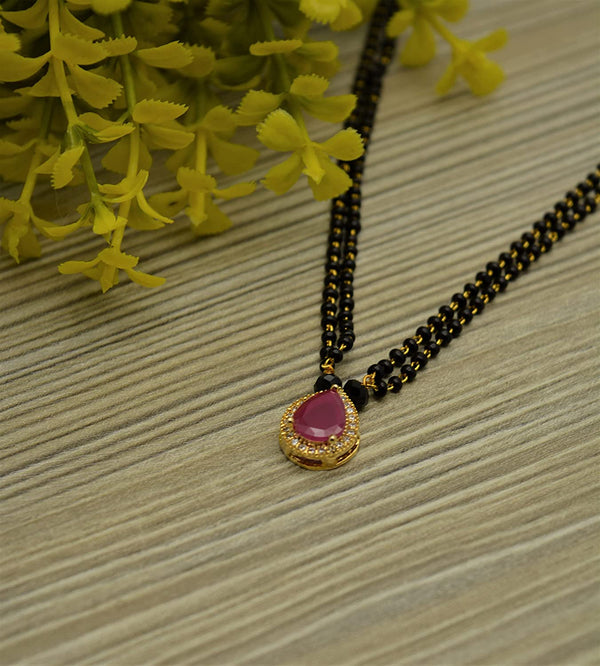 Jewelopia Gold Plated Pear Shaped Ruby Stone With Black Beads Double Strand Mangalsutra for Women & Girls