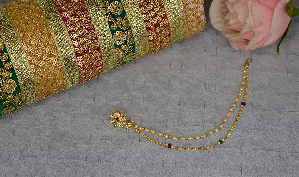 Gold Plated Nath Pearl Double Chain Non Pierced Clip on Besar Nathiya For Women