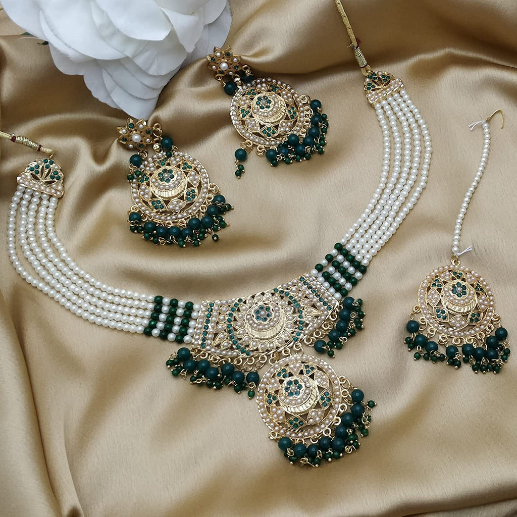 JEWELOPIA Ethnic Traditional Gold Plated RaniHaar Necklace Set Stone Studded Pearl Mala Bridal Jewellery Set with Earrings Maang Tikka for Women