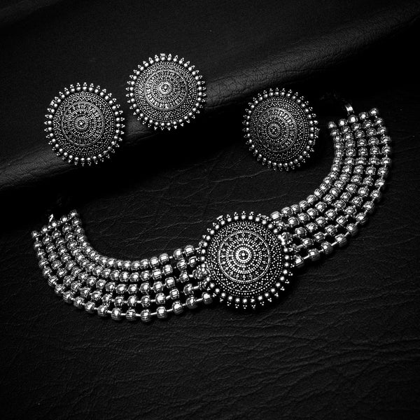 Jewelopia Oxidised Silver Choker Jewellery Set Black Metal Necklace Set Boho Style for Women and Girls