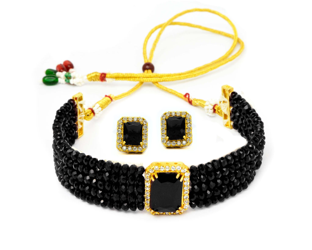 Jewelopia Midnight Black Rhinestone Stone Studded with Stud Earring and Onyx Cut Multistrand Beads Choker Necklace For Women and Girls