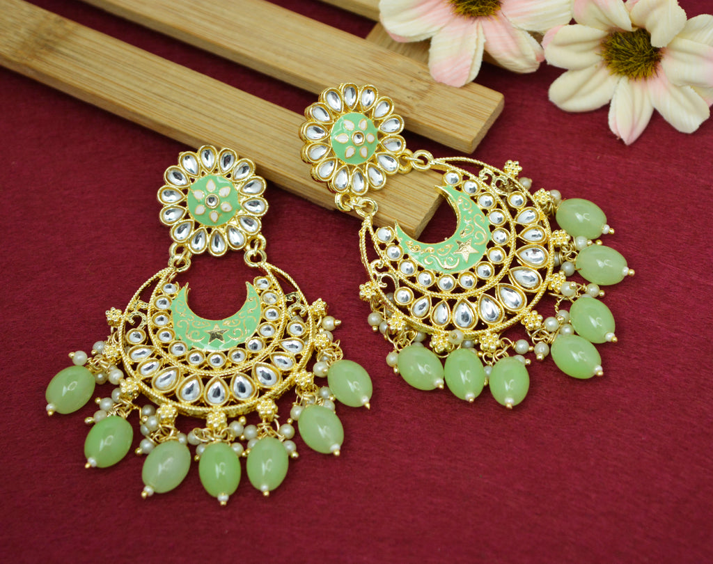 JEWELOPIA Traditional Kundan Gold Plated Fluorescent Green Pearl Drop Earrings Jewellery For Women & Girls