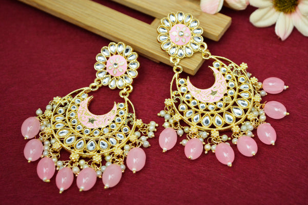 JEWELOPIA Traditional Kundan Gold Plated Pink Pearl Drop Earrings Jewellery For Women & Girls