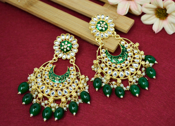 JEWELOPIA Traditional Kundan Gold Plated Green Pearl Drop Earrings Jewellery For Women & Girls