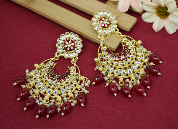 JEWELOPIA Traditional Kundan Gold Plated Maroon Pearl Drop Earrings Jewellery For Women & Girls