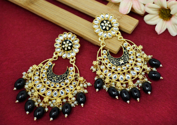 JEWELOPIA Traditional Kundan Gold Plated Black Pearl Drop Earrings Jewellery For Women & Girls