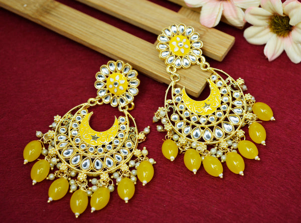 JEWELOPIA Traditional Kundan Gold Plated Yellow Pearl Drop Earrings Jewellery For Women & Girls