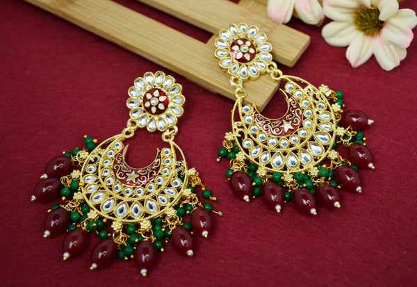 JEWELOPIA Traditional Kundan Gold Plated Red Green Pearl Drop Earrings Jewellery For Women & Girls