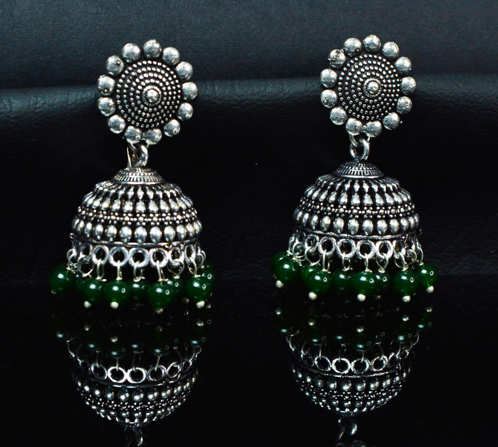 Jewelopia Oxidised Silver Jhumki Earrings Green Pearl Drop Boho Jhumki Earrings For Women & Girls