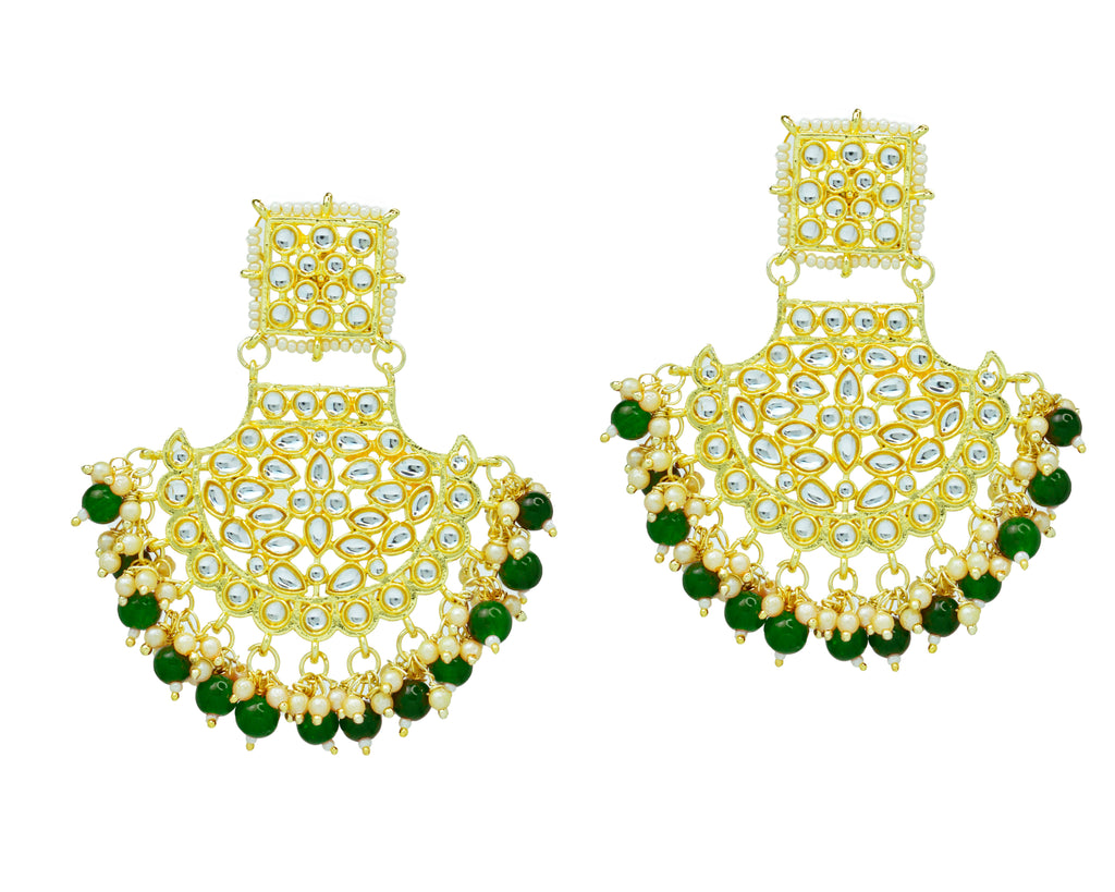 Gold Plated Traditional Kundan Earrings With Emerald Green Drops