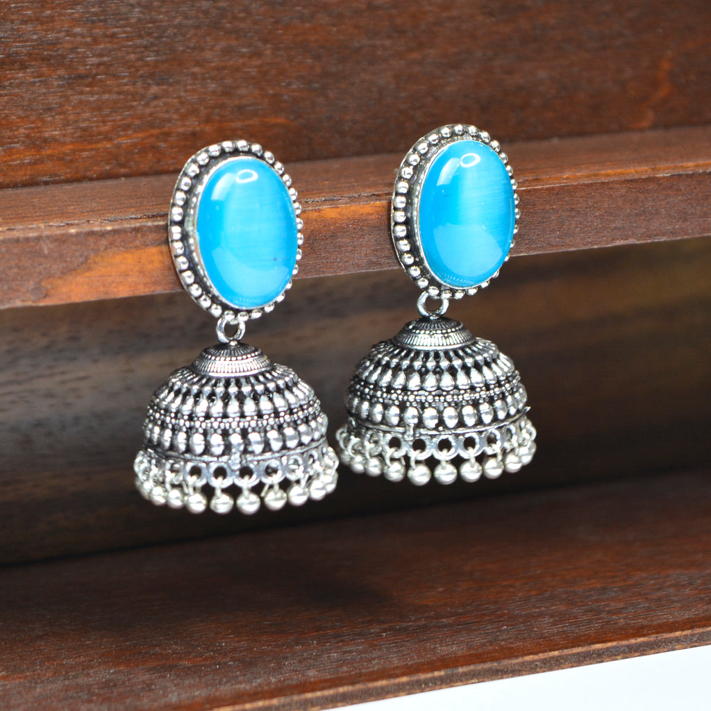 Jewelopia Oxidised Silver AD Kundan German Silver Pearl Drop Boho Jhumki Earrings For Women & Girls