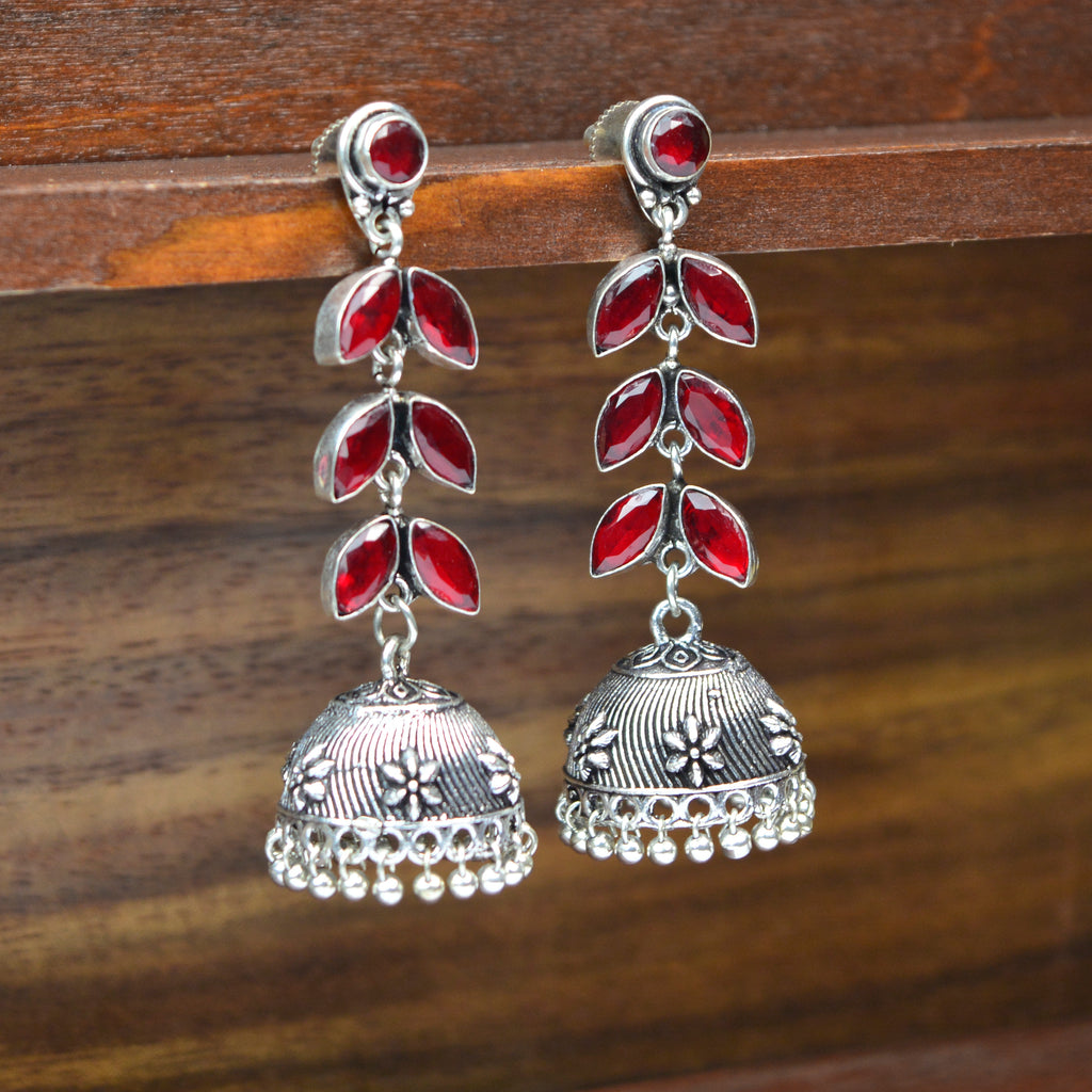 Jewelopia Oxidised Silver AD Kundan German Silver Pearl Drop Boho Jhumki Earrings For Women & Girls