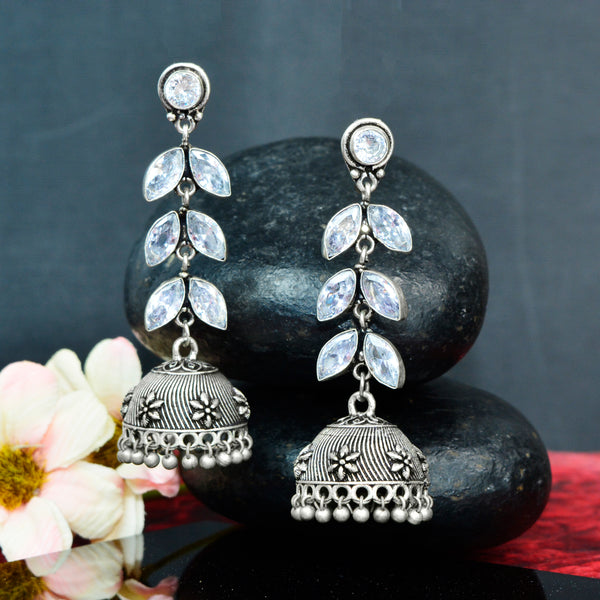 Jewelopia Oxidised Silver AD Kundan German Silver Pearl Drop Boho Jhumki Earrings For Women & Girls