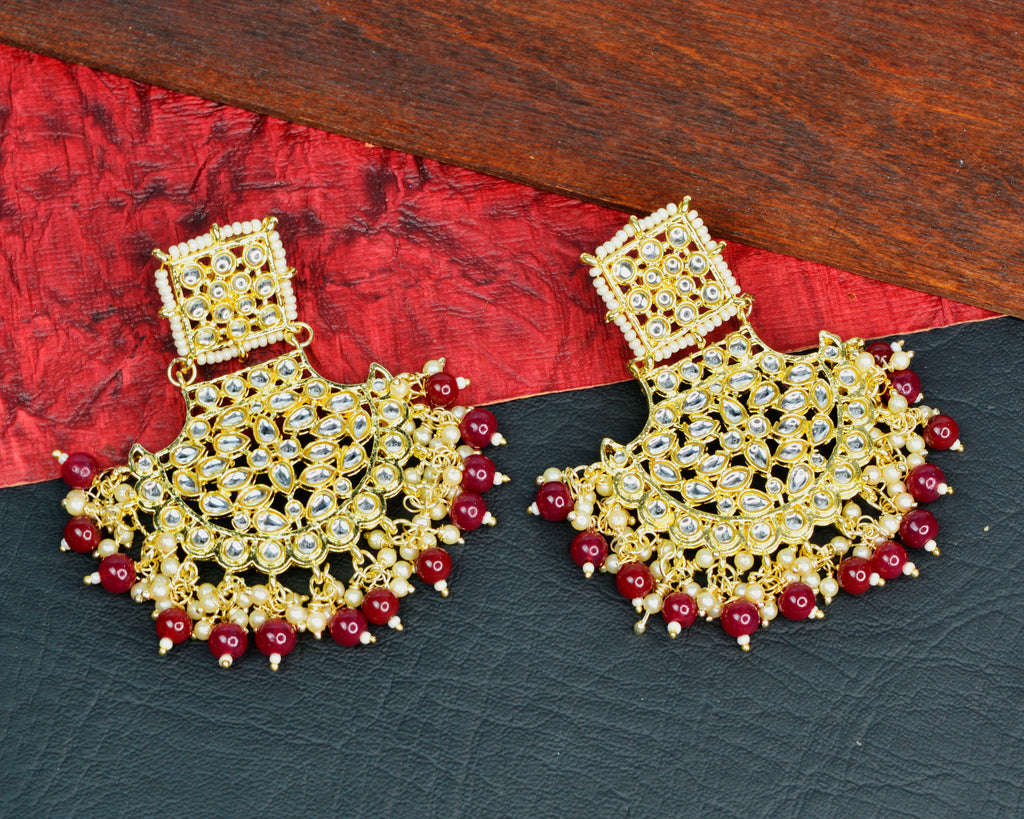 JEWELOPIA Traditional Kundan Gold Plated Maroon Pearl Drop Earrings Jewellery For Women & girls