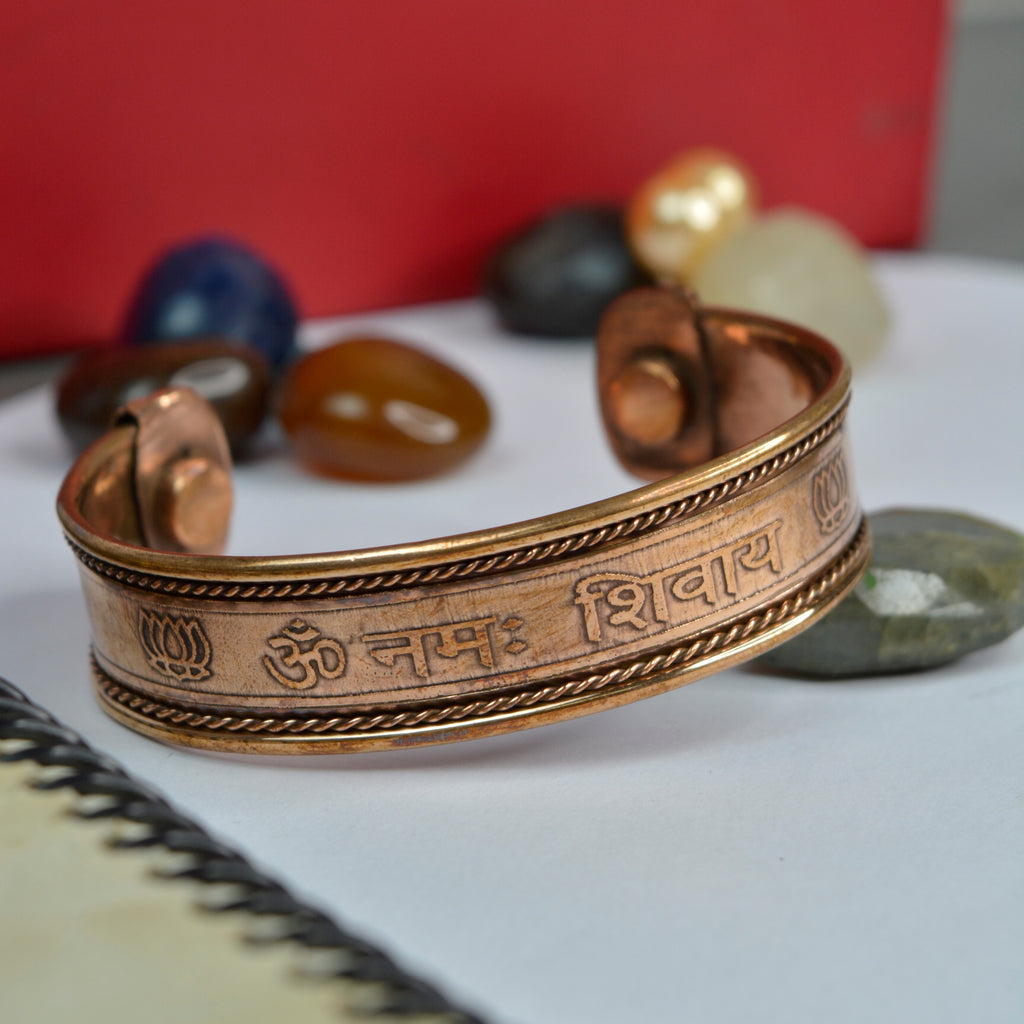 JEWELOPIA Antique Ethnic Om Namah Shivay Copper Broad Open Adjustable Magnetic Kada Bracelet for Men & Women