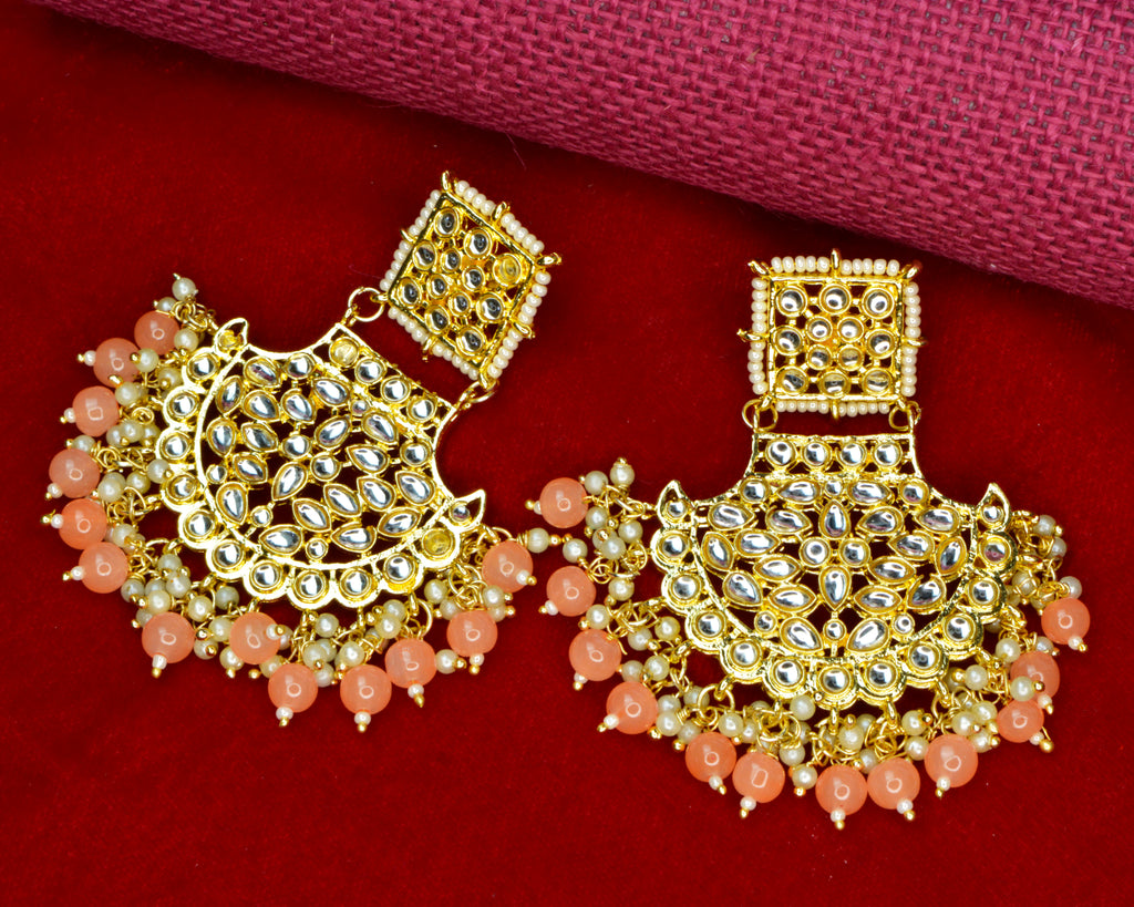 JEWELOPIA Traditional Kundan Gold Plated Orange Pearl Drop Earrings Jewellery For Women & girls