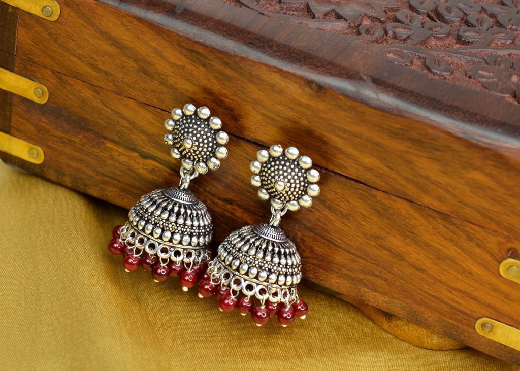 Jewelopia Oxidised Silver Jhumki Earrings Red Pearl Drop Boho Jhumki Earrings For Women & Girls