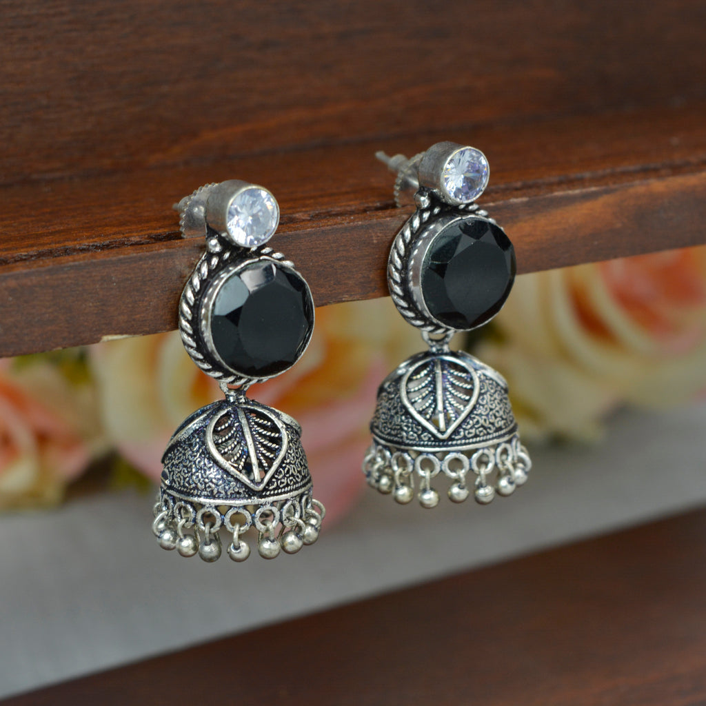 Jewelopia Oxidised Silver AD And Kundan German Silver Pearl Drop Boho Jhumki Earrings For Women & Girls