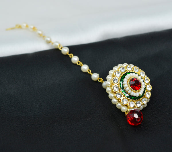 JEWELOPIA Traditional Borla Maang Tikka Gold Plated Cubic Zirconia Ruby Studded Forehead Jewellery For Women & Girls