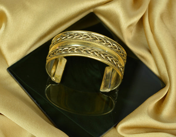 JEWELOPIA Brass Gold Plated Bracelet Broad Open Adjustable Kada for Girls & Boys