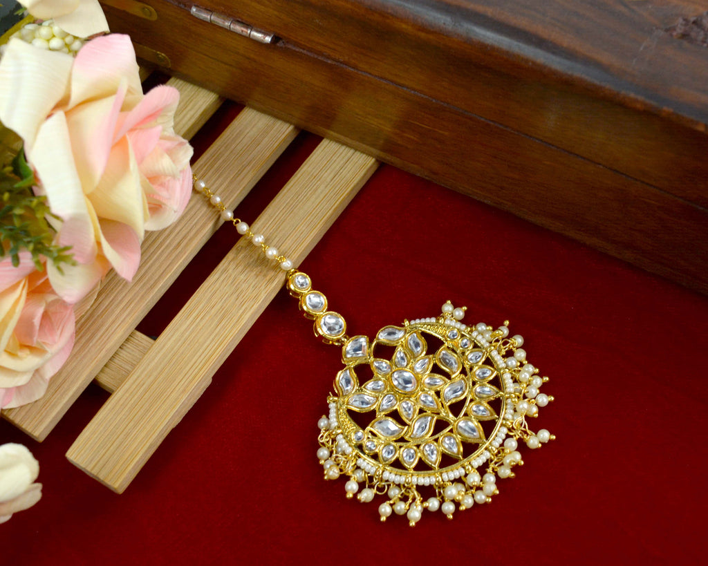 JEWELOPIA Traditional Maang Tikka Gold Plated Kundan Forehead Jewellery For Women & girls