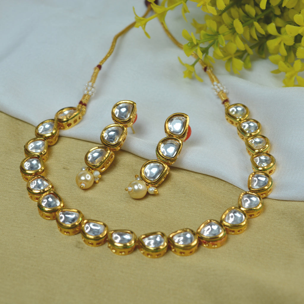 JEWELOPIA Traditional Kundan Gold Plated Kundan Necklace Set with Earrings for Women & Girls