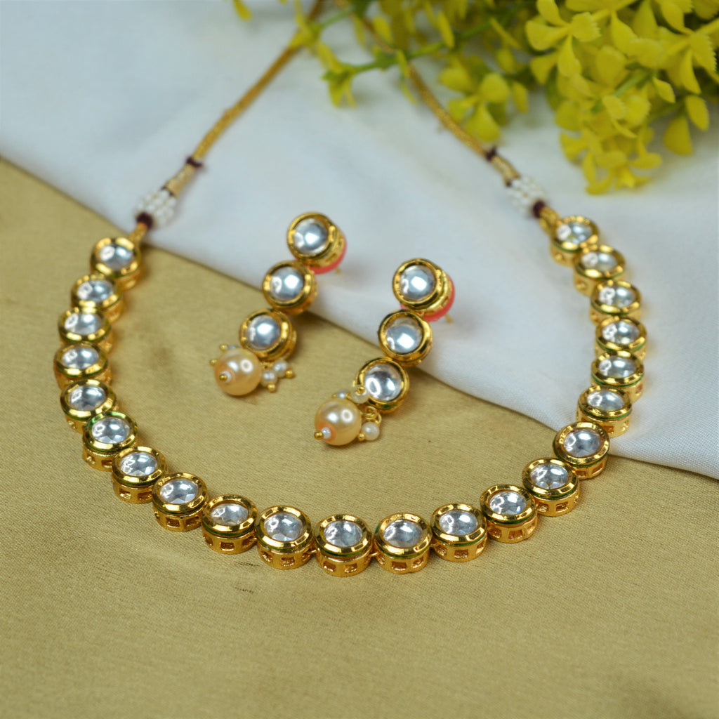 JEWELOPIA Traditional Kundan Gold Plated Kundan Necklace Set with Earrings for Women & Girls