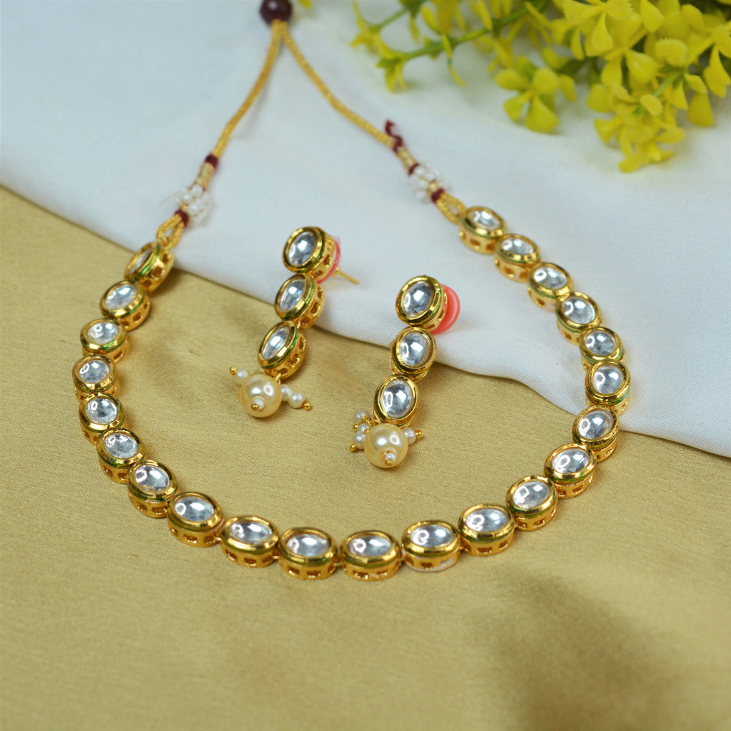 JEWELOPIA Traditional Kundan Gold Plated Oval Shape Kundan Necklace Set with Earrings for Women & Girls