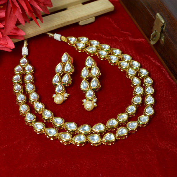 JEWELOPIA Traditional Kundan Gold Plated Pear Shape Double layered Necklace Set with Earrings for Women & Girls