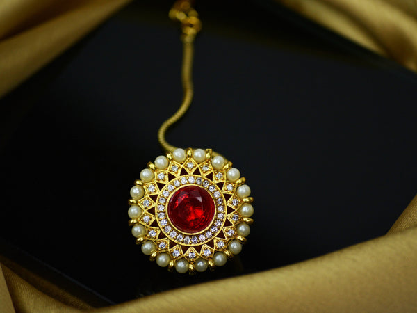 JEWELOPIA Traditional Borla Maang Tikka Gold Plated Cubic Zirconia and Ruby Studded Forehead Jewellery For Women & girls