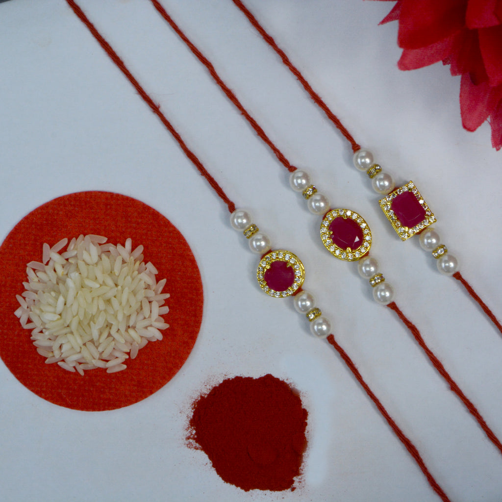 Jewelopia Rakhi American Diamond with Pearl Handmade RAKHI Set of 3 For Brother and Sister