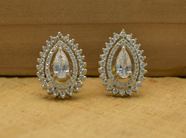 American Diamond Crystal Spark CZ Halo Pear Stud Earrings For Women & Girls