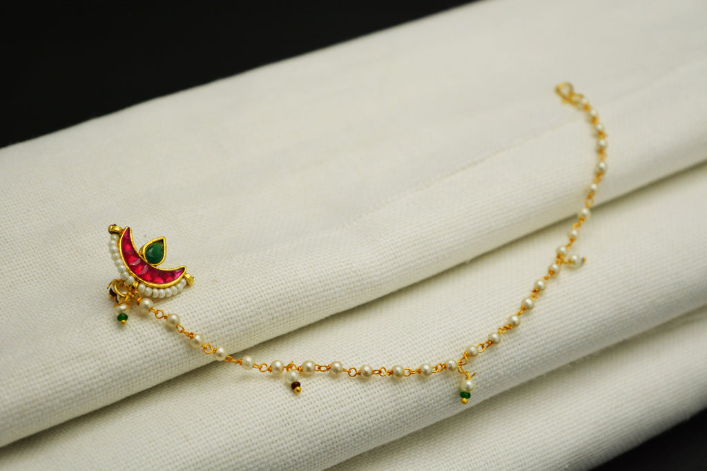 Jewelopia Gold Plated Nath Pearl Chain Non Pierced Clip on Besar Nathiya For Women and Girls