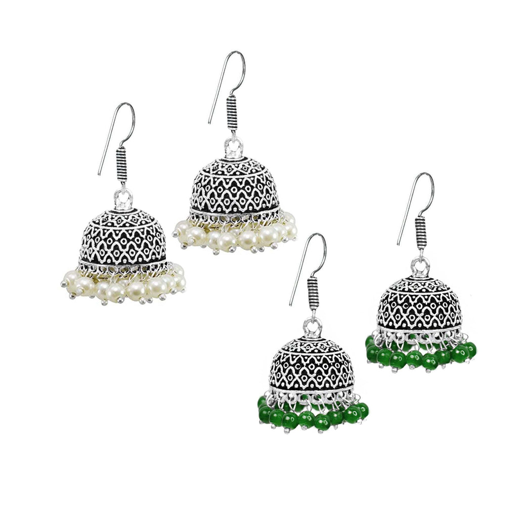 Jewelopia Oxidised Silver Jhumki Earrings German Pearl Drop Boho Jhumki Earrings For Women & Girls (COMBO OF 2)