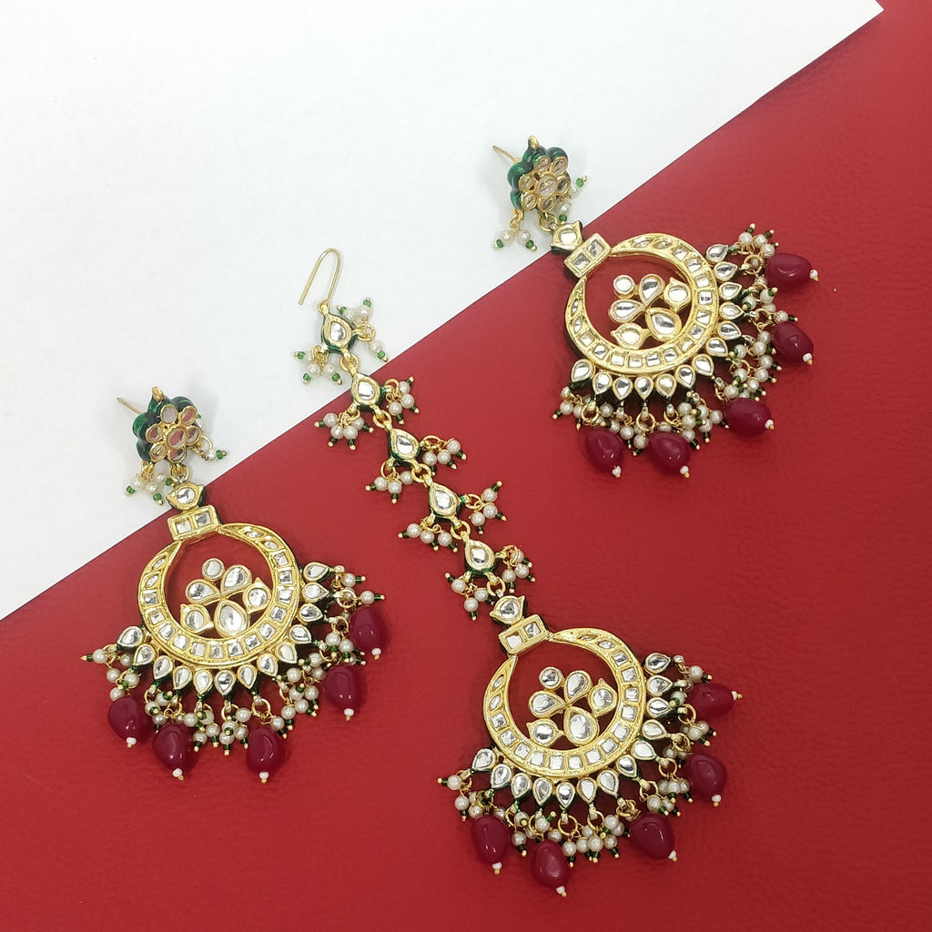 JEWELOPIA Traditional Kundan Gold Plated Ruby Maang Tika And Earrings Jewellery For Women & girls