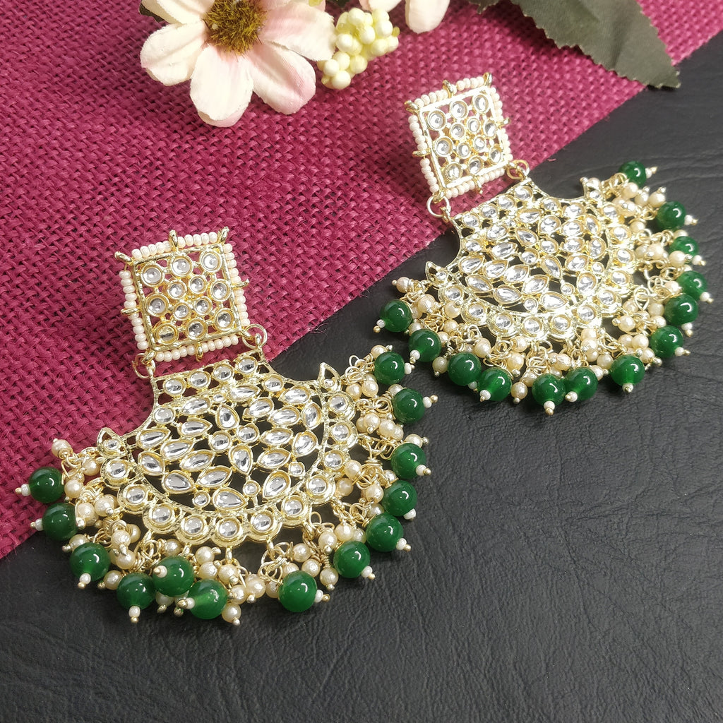 JEWELOPIA Traditional Kundan Gold Plated Green Pearl Drop Earrings Jewellery For Women & girls