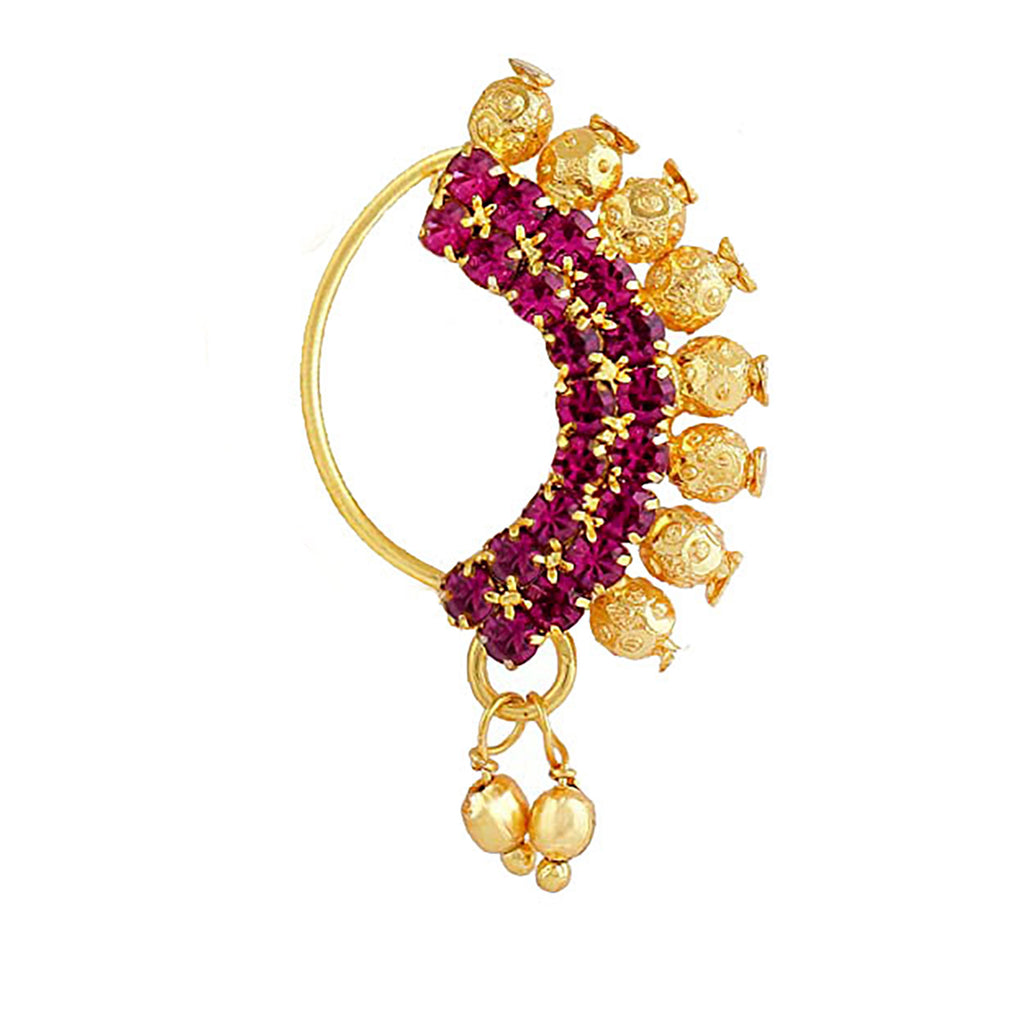 JEWELOPIA Maharashtrian Nath Ruby CZ Nose Ring Without Piercing Pearl Gold Plated Nath Clip On Nose Ring For Women And Girls