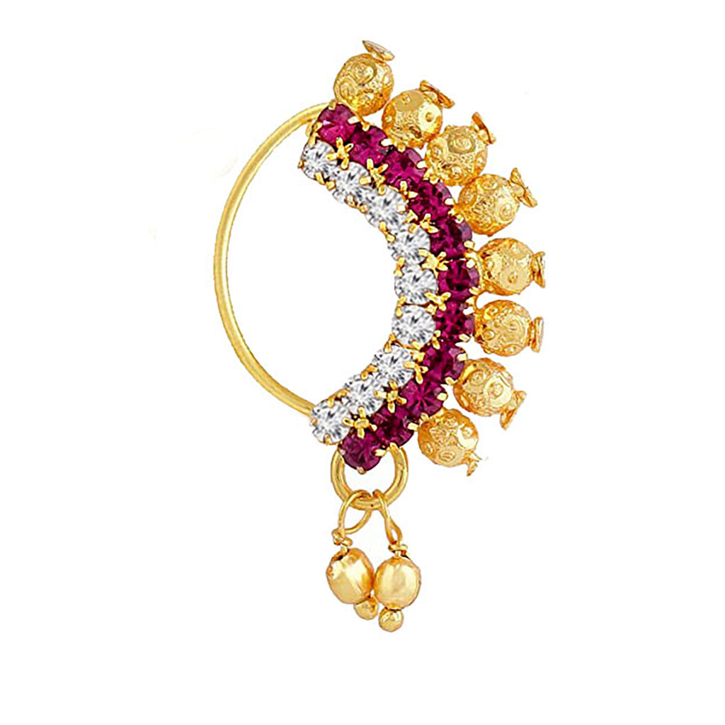 JEWELOPIA Maharashtrian Nath Ruby Diamond CZ Nose Ring Without Piercing Pearl Gold Plated Nath Clip On Nose Ring For Women And Girls