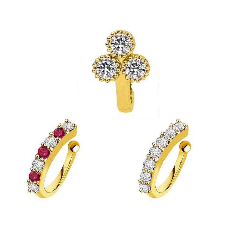 Jewelopia AD Nose Stud 3 Pc Combo Non Piercing Gold Plated CZ Nath Wedding Jewellery Nose Ring For Girls and Women