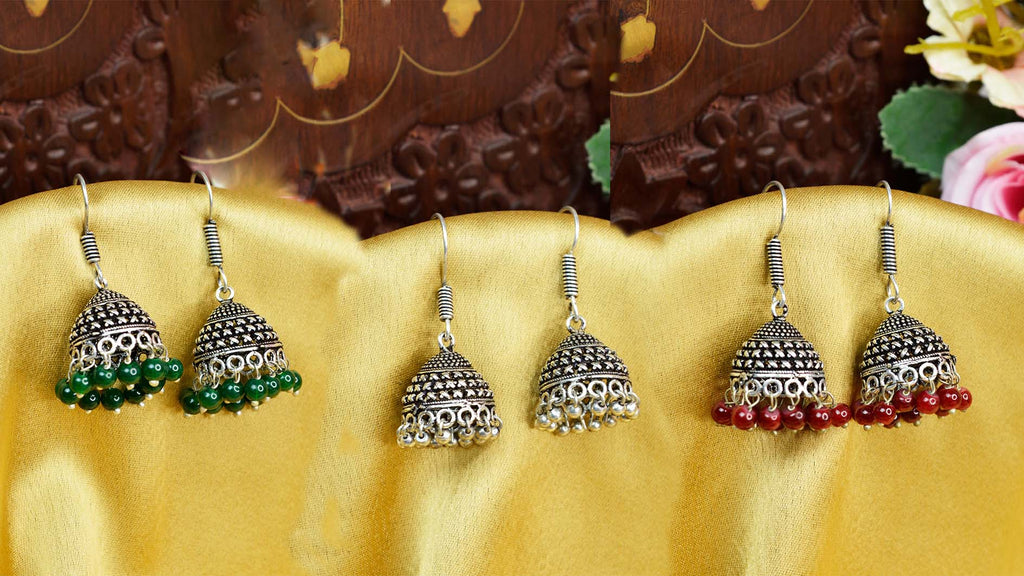 Jewelopia Oxidised Silver Jhumki Earrings German Pearl Drop Boho Jhumki Earrings For Women & Girls (COMBO OF 3)