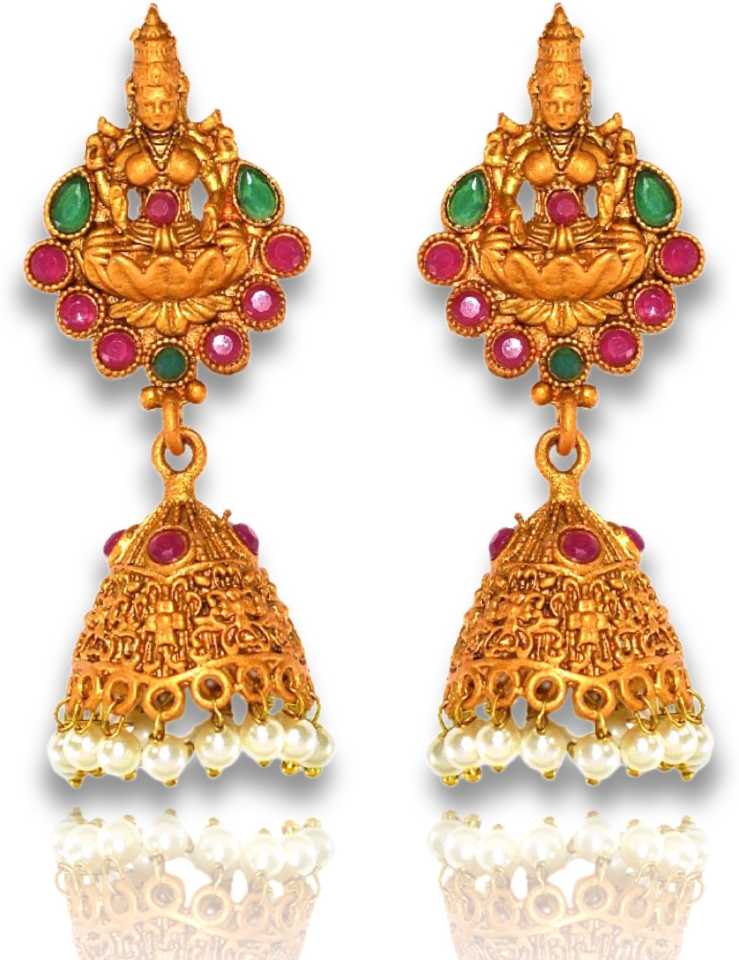 Traditional Gold Plated Ruby Studded White Pearl Drop Laxmi Jhumki Earring Temple Jewelry For Women and Girls