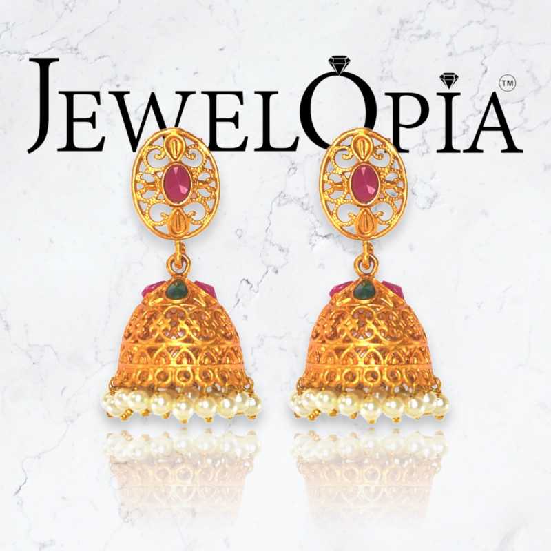 Traditional Gold Plated Ruby Studded White Pearl Drop Laxmi Jhumki Earring Temple Jewelry For Women and Girls