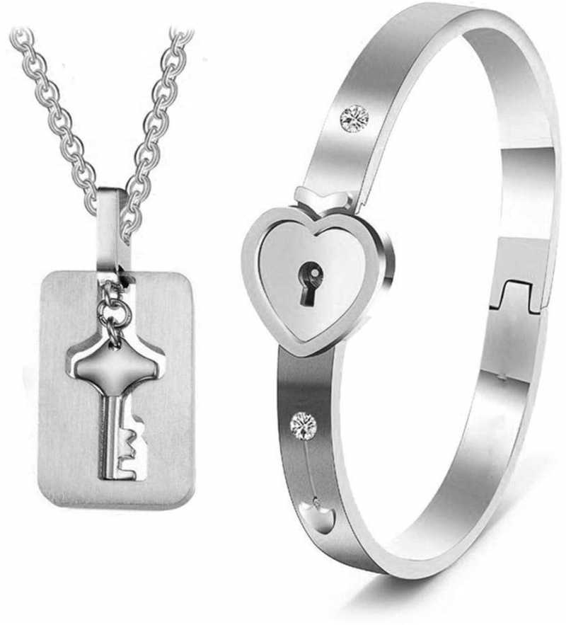 Couples Bracelet Lock Key Set Platinum Plated Heart Lock Bracelet & Key Pendant Pack For Boy & Girls